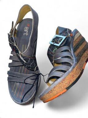 nwot The Art Company Blue Leather and Denim Wedge Sandals with Decorative Buckle